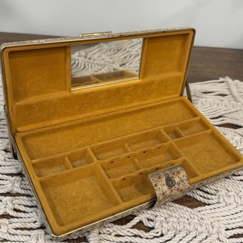 VTG Travel Jewelry Box Clamshell Hard Case Floral Gold Base Mirror MCM 70s 80s